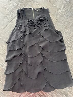 Ann Taylor Silk Black Layered Ruffle Sleeveless Dress with Floral Detail